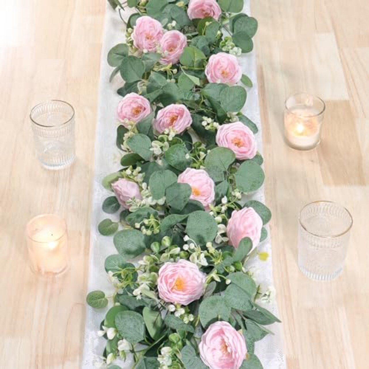 2 Pack 13Ft Artificial Eucalyptus Flower Garland with Pink Roses, Fake Rose Flower Greenery Garland Floral Vines for Wedding Home Party Table Runner Decor (2PCS, Pink)